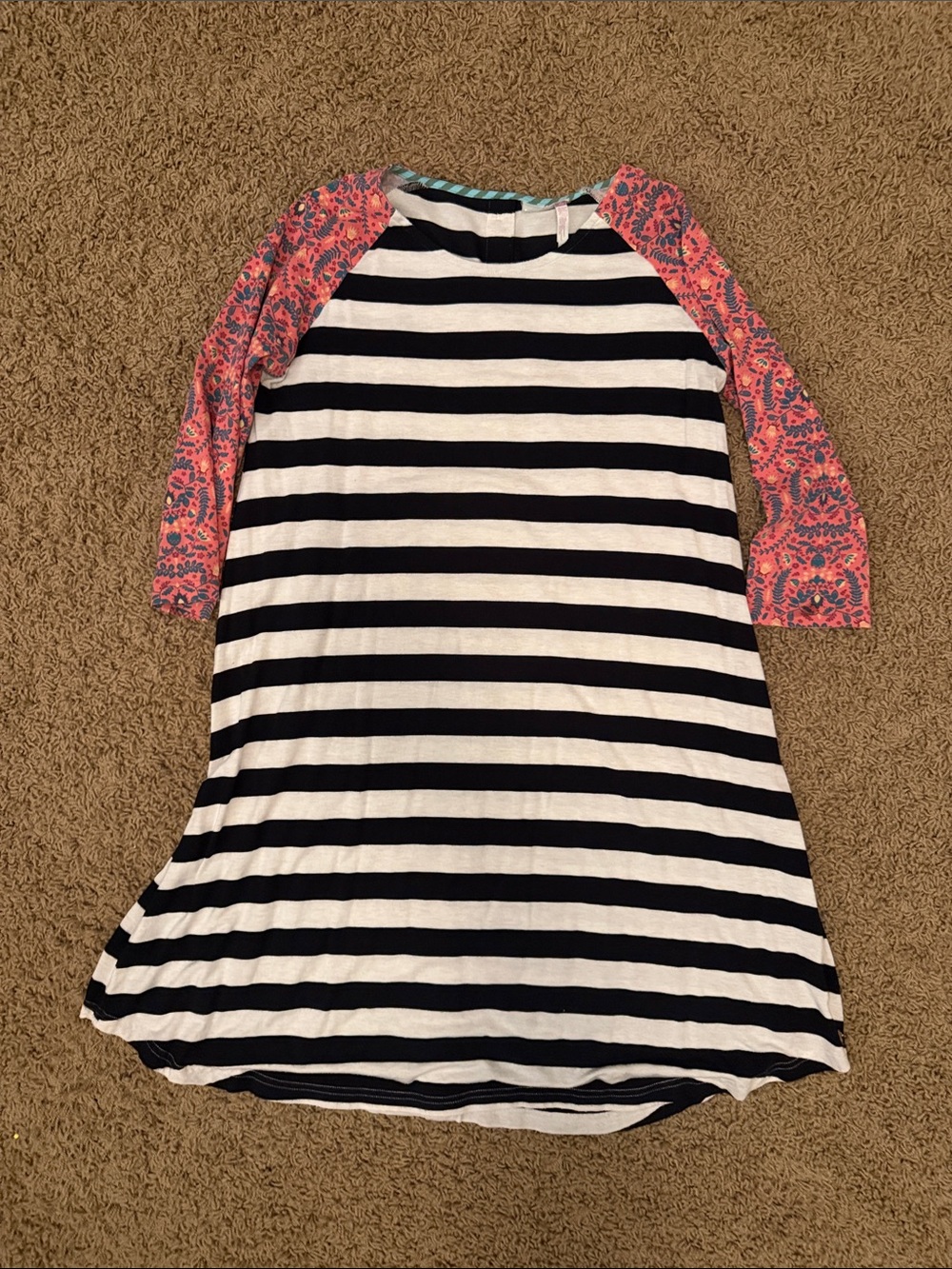 Girls Navy & White Striped Dress with Pink Patterned Sleeves